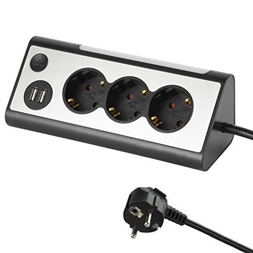Electraline 62512, Multi-base de canto, 3 tomadas, 2 portas USB 2.1A, luz LED + interruptor on/off, cabo de 1,5 m, preto