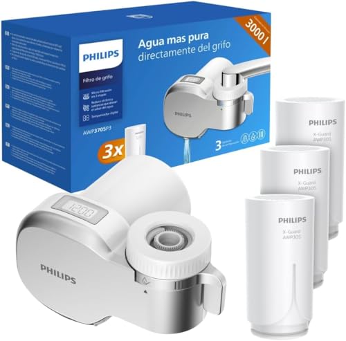 Philips Filtro de água Ontap MICROFILTRAÇÃO com ecrã digital e 3 cartuchos de substituição, filtra sedimentos, cloro e outras substâncias que alteram o sabor, capacidade de filtração de 1000 l