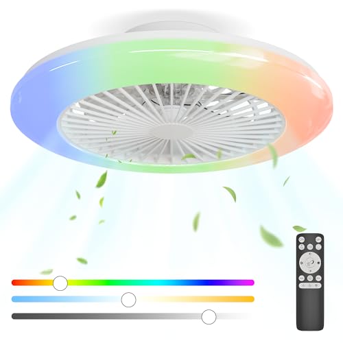 Ventoinha de teto com luz de 48,5 cm, motor DC de 20 W reversíveis, ventiladores LED e controlo remoto de 6 velocidades silencioso sem pás, RGB-3000K-4000K-6500K regulável, candeeiro para quarto