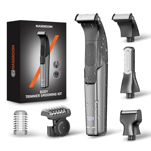 MAXGROOM Máquina de barbear corporal masculina 3 em 1, depiladora corporal para homem com pente ajustável para corpo e zona íntima, em seco e húmido, ecrã LED e recarregável tipo C, preto