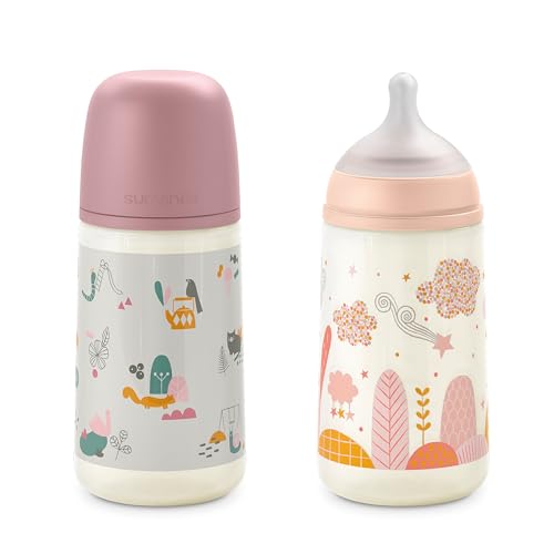 Suavinex, Conjunto de 2 biberões anticólicos de 270 ml, kit de babadores com cetina fisiológica SX Pro, de silicone de fluxo médio (M), com válvula anticólica, para bebés + 3 meses. Rosa
