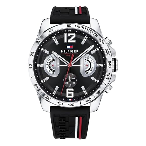 Tommy Hilfiger Relógio analógico multifuncional de quartzo para homens com correia de silicone, aço inoxidável ou couro, subesferas para dia e data, resistente à água até 5ATM.