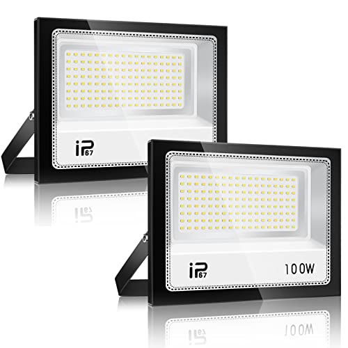Foco LED para exterior, 100 W, 2 peças, iluminação de exterior de segurança, 7000 K, branco frio, projetor LED exterior, IP67 impermeável 10000 LM, super brilhante holofote LED, para pátio, garagem,
