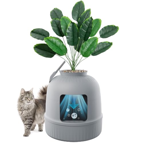Lifewit Caixa de areia com planta sintética e pala para gatos grandes, bandeja de areia oculta em canto com controlo de odores e filtro de carbono na sala de estar/quarto/casa de banho, cinzento