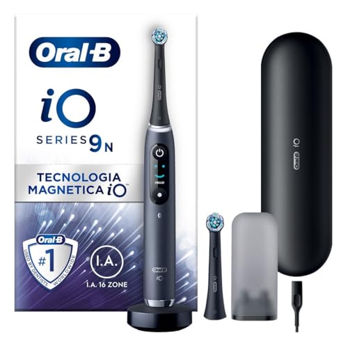 Oral-B iO 9 Escova de dentes elétrica preta com 1 cabeça, 1 estojo carregador de viagem e 1 capa magnética, 7 modos de escovagem, sensor de pressão, desenhado por Braun