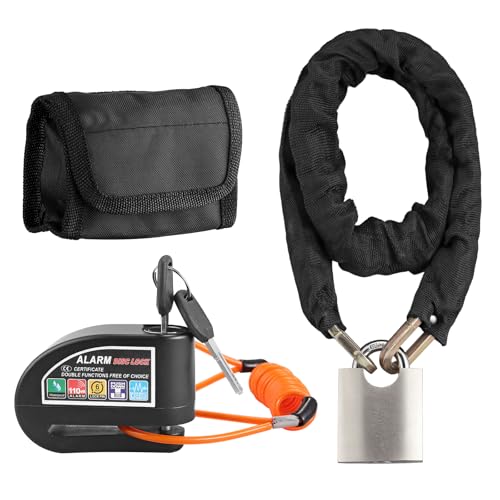 Justech Cadeado disco de motocicleta com 2 modos de alarme 110 DB+cadeado de corrente para mota com cabo de lembrete e bolsa de transporte, anti-roubo mota impermeável de alta segurança para