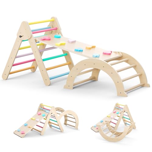 nmoiww Swing interior para crianças, escada de escalada triangular dobrável, balanço de madeira, brinquedo de escalada montessori, carga 64 kg para interiores e exteriores (5 em 1)