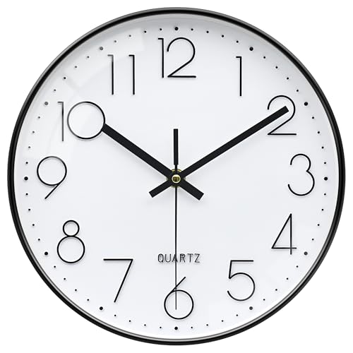 VIKMARI Relógio de parede branco e preto, movimento de quartzo silencioso moderno relógio para sala de estar cozinha casa de banho quarto escritório, 25 cm