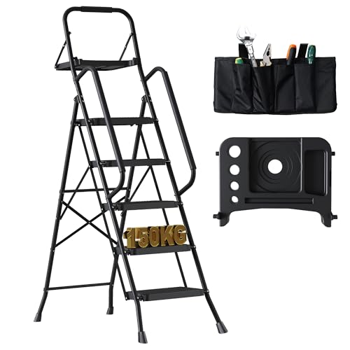 BONTEC Escada dobrável de 5 degraus com bolsa e bandeja, pedais largos antiderrapantes, até 150 kg, com corrimão para cozinha, despensa, armários e garagem, preta