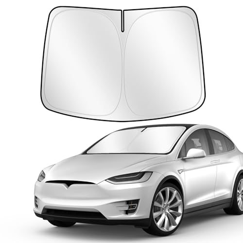 ZATOOTO Guarda-sol carro dianteiro para Tesla Model Y Model 3, proteção solar para para-brisas, cobertura para para-brisas para blocos de verão UV, viseira para carro, dobrável, 132 x 92 cm