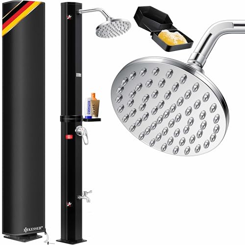 KESSER® Chuveiro solar de 35 litros para jardim, água quente máx. 60 °C, chuveiro de piscina sem conexão de corrente, chuveiro de chuva, torneira, conexão de mangueira, inclui bandeja e tampa