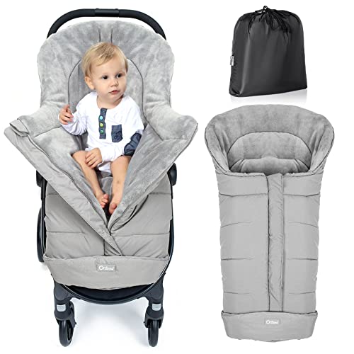 Orzbow Saco para cadeira de passeio universal de inverno, saco de carrinho de bebé inverno com Pile Coral, impermeável, faixa refletora e fecho de correr, lavável em Lavatrice, cinzento claro