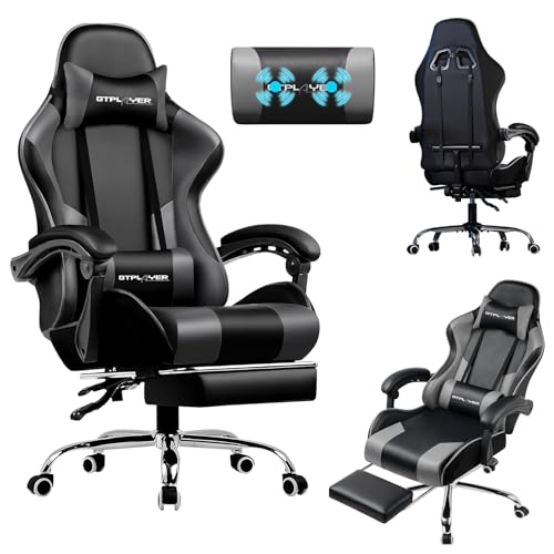 LUCKRACER Cadeira de jogos com massagem ergonómica, apoios para os pés e apoios de cabeça retrátil | suporte 150 kg, escritório e casa, cinzento
