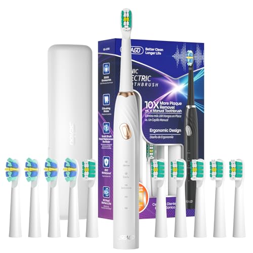 Seago Escova de dentes elétrica sónica para adultos, escova elétrica com 10 cabeças e design ergonómico científico, temporizador, estojo e 60 dias de uso para viagens, branco