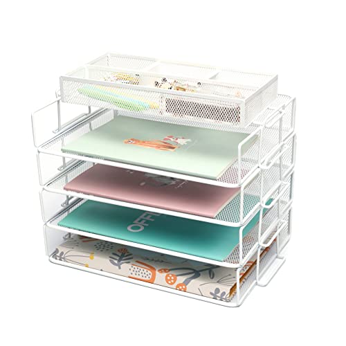 Exerz Organizador de mesa de arame, pacote de 5 peças, classificador de papel empilhável de 4 níveis com organizador de acessórios, 3 compartimentos - suporte para arquivos (5 peças branco)