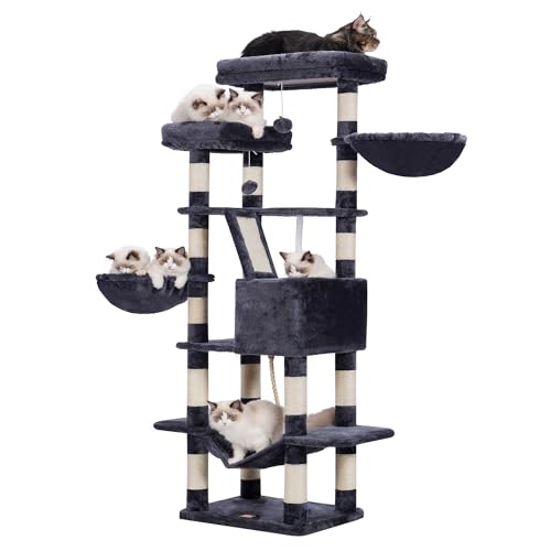 Heybly Raspador para gatos, árvore para gatos, altura 173 cm, torre de gato, com 17 postes de arranhões, 2 plataformas, 2 cesta, 1 gruta, 1 rede, 2 pompões, tecido de pelúcia, cinzento fumado HCT0255