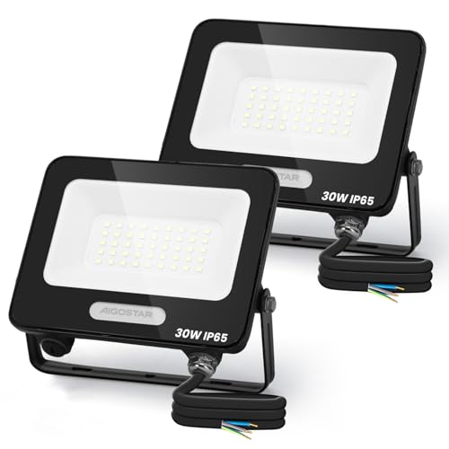 Aigostar Focos LED para exterior, 30 W 2450 LM, projetor de holofote LED para exterior, impermeável, IP65, 42 LEDs, 6500 K, branco frio para garagem, jardim, pátio, parque, 2 peças