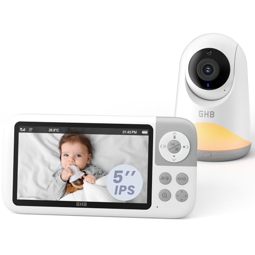 GHB Babyphone Camera de 5" Camera bebé 350° Ratation 720P HD 3050 mAh ecrã IPS luz noturna com brilho ajustável VOX Zoom 3X suporta 4 câmaras visão noturna áudio bidirecional sensor de temperatura