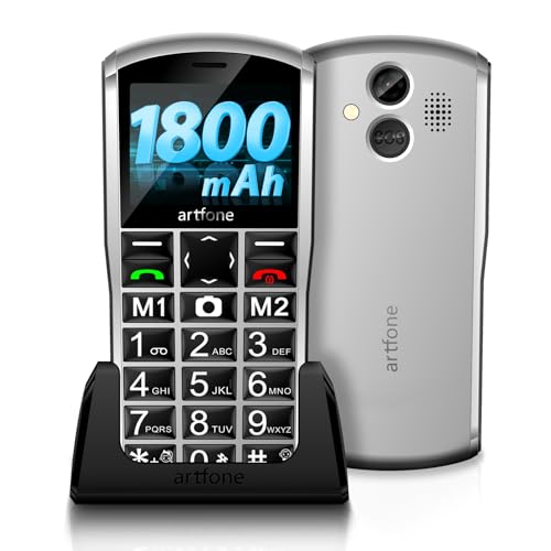 artfone 4G Telemóvel para idosos - Sênior telemóveis de teclas grandes e volume alto Botão Semelhor Base de Carregamento Bateria 1800 mAHnewskill Anúncio de hora por voz, ecrã 2,4" - prateado