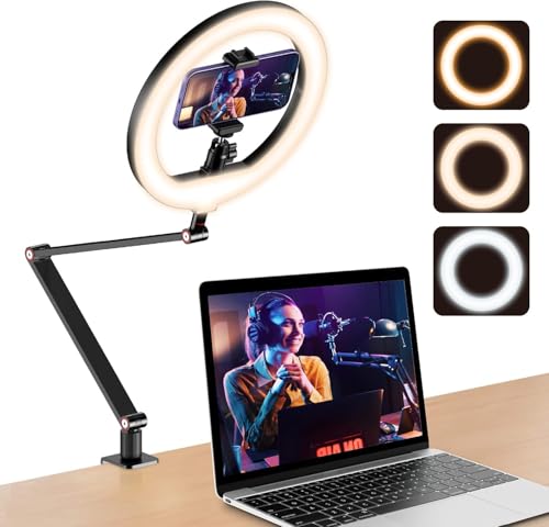 10" Luz de anel de mesa com suporte e suporte, luz de anel de tripé superior, luz de videoconferência com suporte de braço de secretária ajustável para Youtube, TIK Tok