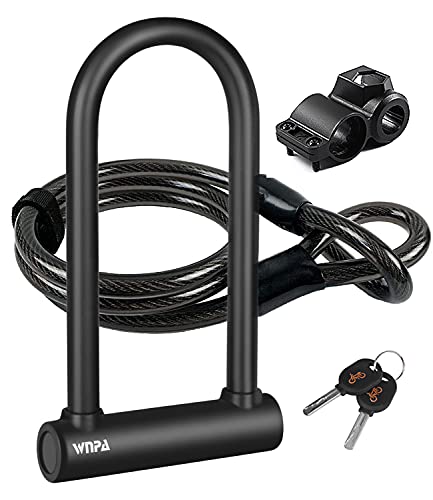 Cadeado em U bicicleta, cadeado em forma de U para bicicleta, resistente, de alta segurança, com cabo flexível de aço de 1,2 m e suporte de montagem resistente para bicicletas, motocicletas, preto