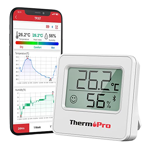 ThermoPro TP357 260FT Bluetooth Termómetro, higrómetro digital com monitor remoto de temperatura e humidade e APP inteligente, termómetro digital casa com registos máximos e mínimos, branco