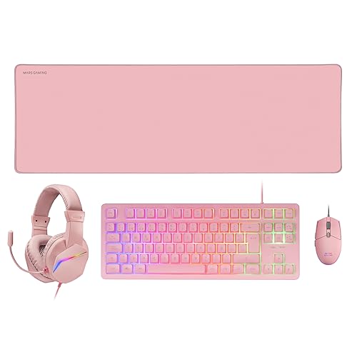 Mars Gaming MCP-RGB3, Pack Gaming teclado fixo RGB rato Gaming RGB Flow 3200 dpi auriculares Over-Ear RGB tapete XXL, rosa, idioma espanhol