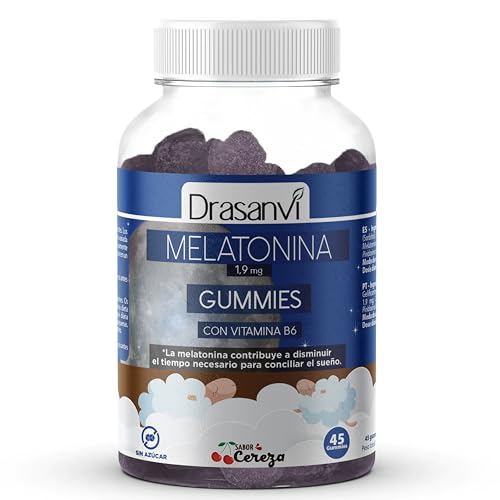 DRASANVI MELATONINA GOMINOLAS 1,9 mg com VITAMINA B6 Gominolas para dormir sabor cerejeira, melatonina pura sem açucar, gomas de melatonina ajudam a dormir, sonho de qualidade, 45 gummies = 45 dias