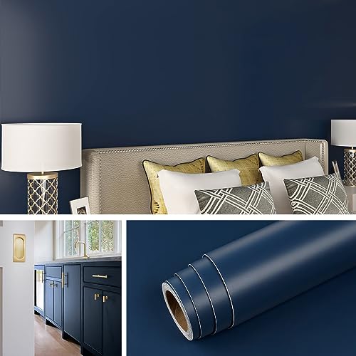 Livelynine Adesivo de vinil parede azul autocolante lavável 40 cm x 10 m papel vinil autocolante móveis cozinha casa de banho armários secretária papel de parede quarto moderno azul escuro rolo vinil