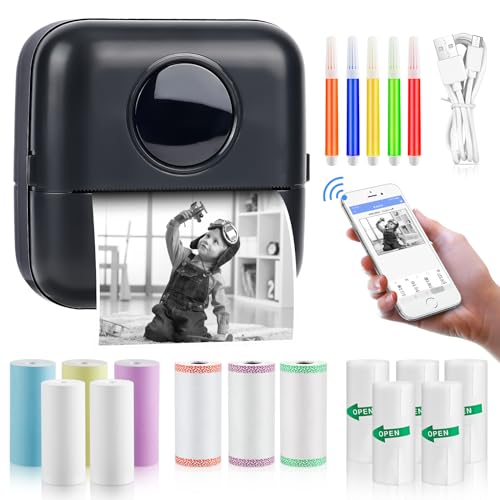 GuKKK Mini impressora para telemóvel, impressora fotográfica, portátil impressora térmica, BT sem fios impressora térmica com 13 rolos de papel, para telemóvel impressora fotos, para lista com notas
