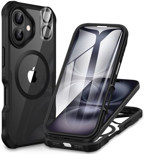 CENHUFO Capa magnética iPhone 16, [compatível com MagSafe] integrada 9H HD protetor de ecrã de vidro temperado e protetor de câmara, 360 graus anti-impactos capa militar camada dupla face case - preto