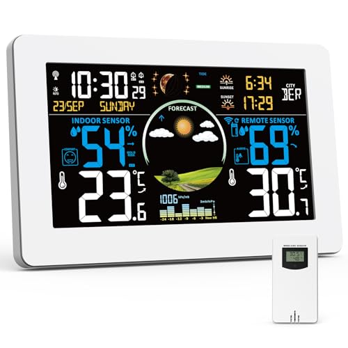 VIFLYKOO Estação meteorológica sem fios com sensor exterior, estação meteorológica digital multifuncional de temperatura, humidade, pressão atmosférica, previsão do tempo, alarme