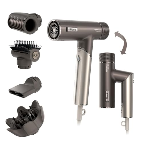 Shark SpeedStyle Pro FLEX Secador de cabelo de alto desempenho e velocidade com 4 acessórios, leve, iónico, sem danos causados pelo calor, alça dobrável, adequado para todos os tipos de cabelo