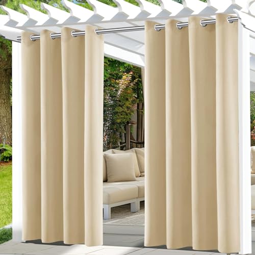 UFYTT Cortinas de exterior impermeável, 2 peças, cortinas com terraço exterior com furos, cortina exterior opacas, adequada para varandas, pérgolas, 132 x 215 cm, bege