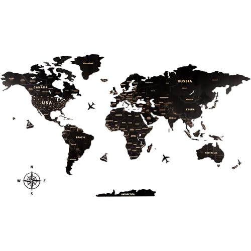 Creawoo Mapa Mundi parede grande de madeira, mapa-múndi de madeira preto decoração de parede para sala de estar, escritório, quarto - 200 x 114 cm, decoração de parede mapa-mundo arte