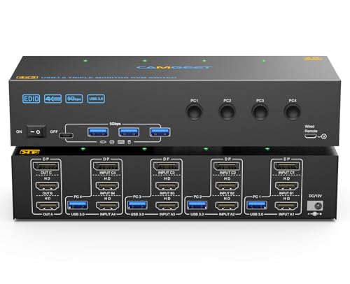KVM Switch 3 monitores 4 PC 4 K @ 60Hz, 2 HDMI+Displayport KVM Switch Triple Monitor para 4 PC Share 3 monitores e 4 portas USB 3.0 teclado rato impressora, 4 cabos USB incluídos