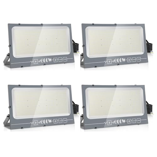 loyal 4 Pack Foco LED para exterior, 600 W, alto brilho, 60000 LM projetor LED para exterior iluminação 3000 K branco caldo, luz de segurança impermeável IP66, lâmpada LED parede teto para jardim