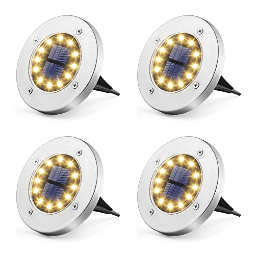 Candeeiro solar de chão para jardim, 12 LED, 4 unidades, luz branca quente, de aço inoxidável, impermeável, para exteriores, jardim, terraço, relva, pátio, passarela