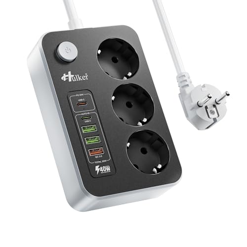 Extensão de alimentação USB com PD de 20 W de carregamento rápido tipo C, tomada de alimentação múltipla com 3 entradas e 5 ranhuras USB, tomada de extensão 2M de cabo de extensão para escritório em