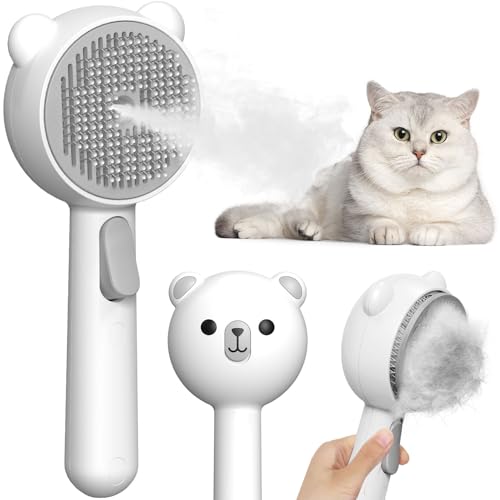 Escova de gato a vapor com 2 níveis de pulverização e botão de liberação, 4 em 1 IPX7 resistente à água escova para gatos para mudar de casa de banho, pente para cães e gatos com pelo curto e comprido