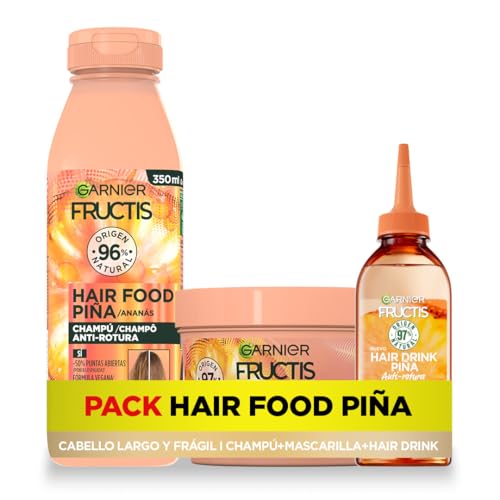 Garnier Fructis Pack champô tratamento Hair Drink máscara para cabelo comprido e frágil, com ananás anti-rutura, limpo, desembaraçado e neutro, conjunto de 3 produtos veganos e sem silicone