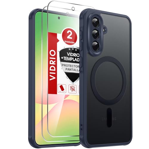 LeYi Capa para Samsung Galaxy A56/A 56 5G, compatível com MagSafe magnética, com 2 × vidro temperado, capa transparente fosco grau militar anti-impactos case, azul