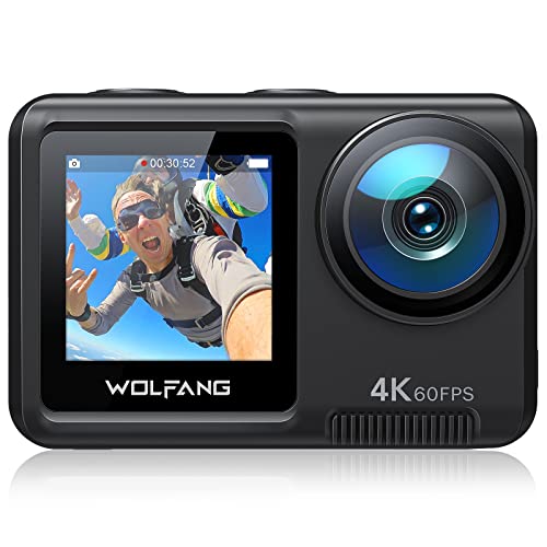 WOLFANG GA420 Câmara desportiva de ecrã duplo 4K 60FPS 24 MP, 10 m corpo/40 m impermeável, Wi-Fi Webcam câmara de vídeo subaquática, microfone duplo, controlo remoto, EIS, 2 x 1350 mAh baterias,