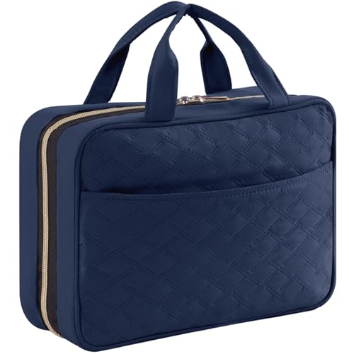 Lifewit Neceser de viagem, saco de maquilhagem grande, organizador de viagem para mulher com asas, necessidade de viagem interior transparente com gancho, guarda frascos, acessórios, Azul escuro
