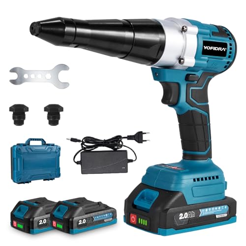 Yofidra Pistola de rebites de bateria, conjunto de pinças de rebite Pop de 10.000 N com baterias de 2 x 2,0 Ah, pinça elétrica automática para rebites cegos de aço e alumínio de 2,4 - 5,0 mm, corrida