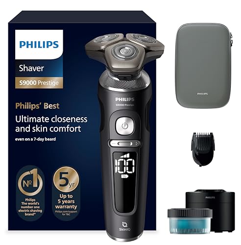 Philips Série 9000 Prestige máquina de barbear elétrica para homem, máquina de barbear de barbear, 72 lâminas, motor digital, 60 min de uso, seco e húmido, recarregável, centro de limpeza, SP9840/31,