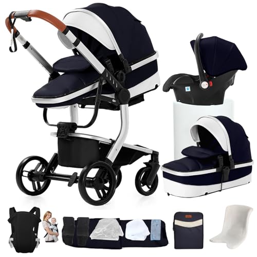 NADDLILY Carrinho de couro PU para bebé 3 em 1, carrinho de bebé com design portátil dobrável, carrinho de bebé 3 peças com empurrão reversível bidirecional, carrinho de bebé 3 peças com acessórios
