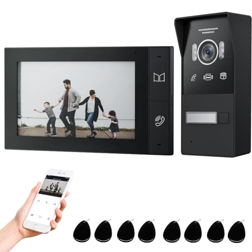 JeaTone Porta-moedas WiFi de 2 fios, 1080P IP campainha vídeo sistema intercomunicador com 7" monitor de ecrã tátil e campainha, desbloqueio por aplicativo/cartão, detecção de movimento, app