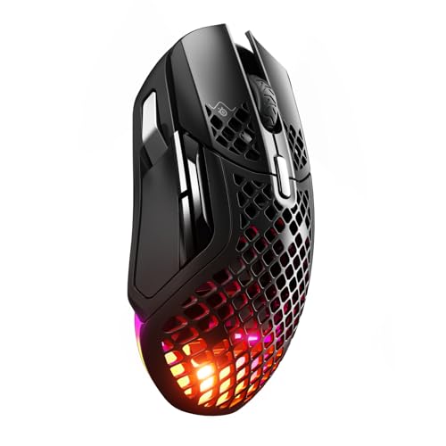 SteelSeries Aerox 5 Wireless Rato gaming perfurado RGB - design ultraleve resistente à água, 9 botões, Bluetooth/2,4 GHz, sensor ótico TrueMove Air 18K DPI
