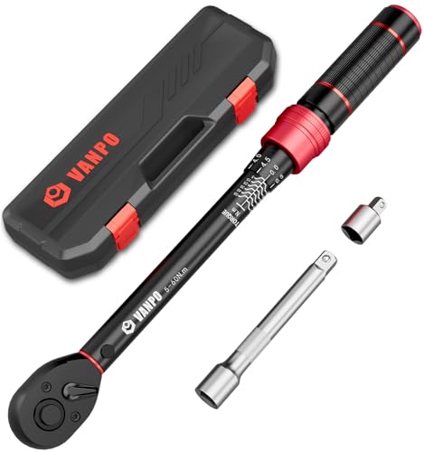 VANPO 3/8" Chave dinamométrica 5-60 Nm, 72 dentes bicicleta e moto chave dinamométrica conjunto 3 peças com barra de extensão de 125 cm, adaptador de 3/8"-1/4", para substituição de vela de ignição